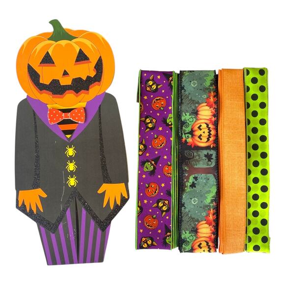 Halloween Pumpkin Man Sign & Ribbon Bundle – DIY Wreath Supply Kit or Fall Swag - Picture 1 of 5
